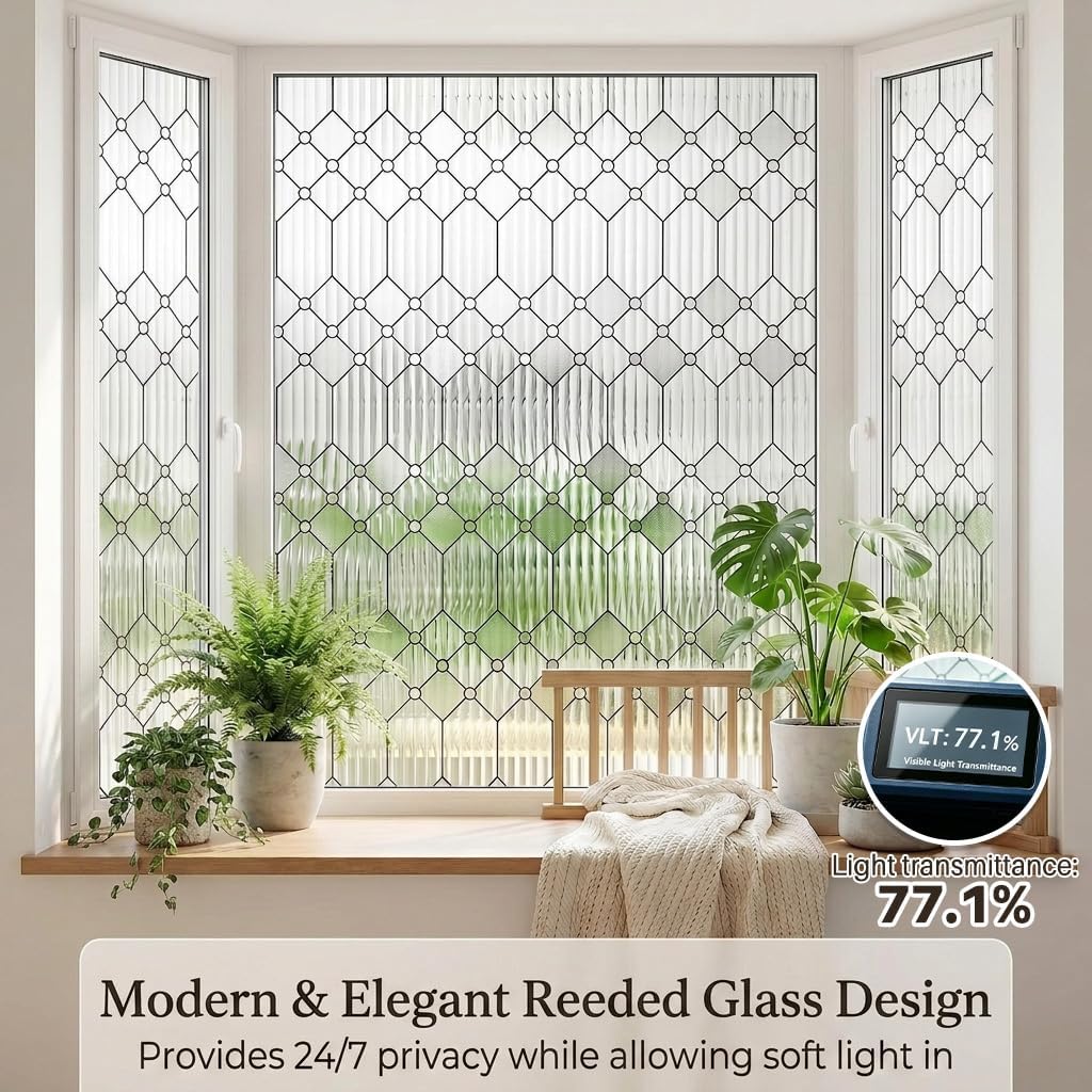 sunbaby reeded glass window privacy film, frosted static cling,23.6"x78.7" | decorative lattice window cling non adhesive removable, uv & heat blocking, day night privacy for home door bathroom office reeded 23.6" x 78.7"