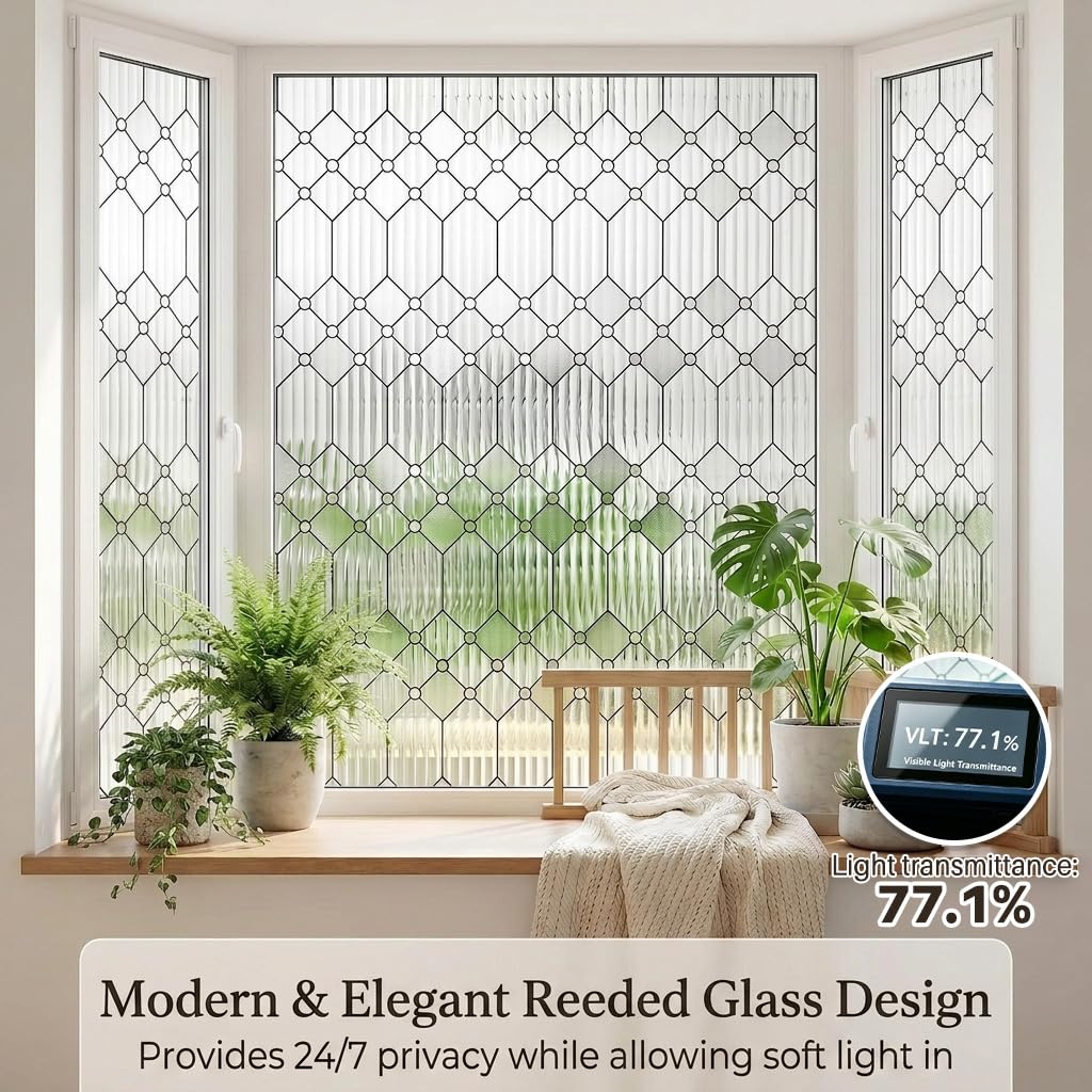 Condition photo showing New/Like New for sunbaby reeded glass window privacy film, frosted static cling,45"x157.4" | decorative lattice window cling non adhesive removable, uv & heat blocking, day night privacy for home door bathroom office