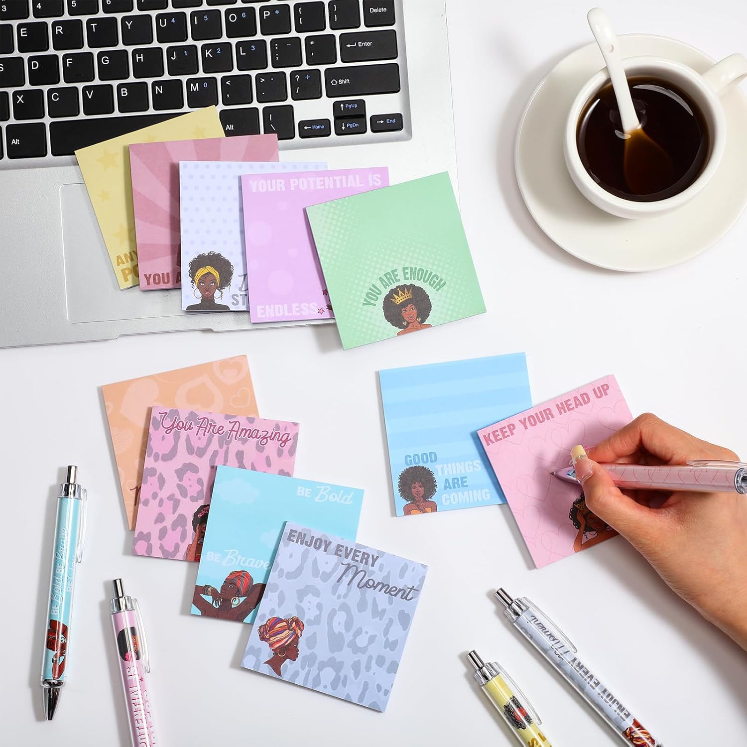 Yeaqee 72 Pcs Black Girl Sticky Notes with Motivational Pens Inspirational Gifts Set African American Self Stick Note Pads and Pens Employee Gifts Bulk for Women Girl Work Study School Office