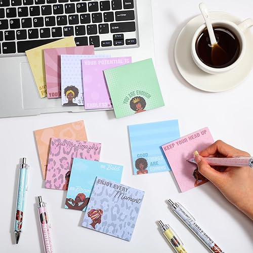 Miniatura 4 de Yeaqee Juego de 36 piezas de regalos inspiradores, notas adhesivas para niñas negras, bolígrafos motivacionales y bolsas de organza, bonitos blocs