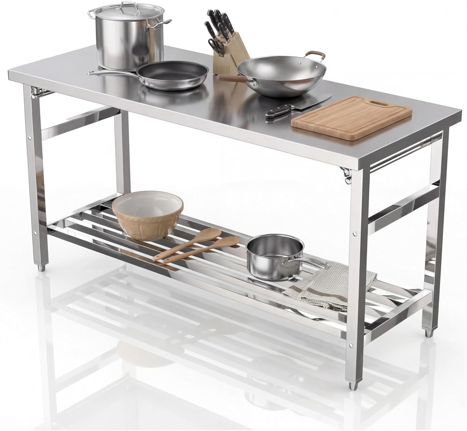 60 x 24 Inch Stainless Steel Prep Table, Folding Stainless Steel Work Table with Adjustable Undershelf, Heavy Duty Metal Workstation for Commercial, Kitchen, Restaurant, Garage, Home