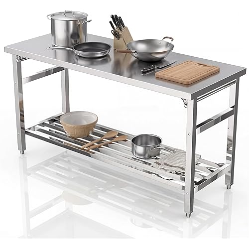 60 x 24 Inch Stainless Steel Prep Table, Folding Stainless Steel Work Table with Adjustable Undershelf, Heavy Duty Metal Workstation for Commercial, Kitchen, Restaurant, Garage, Home