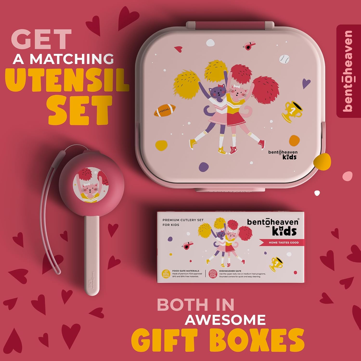 Bentoheaven Premium Bento Lunch Box for Kids, 9 Designs, Leak-proof 3-4 Compartments, Divider, Ideal size 30oz, Microwave/Dishwasher Safe Kids Bento Box (Loncheras Para Niños/Niñas)[Rose Pink]