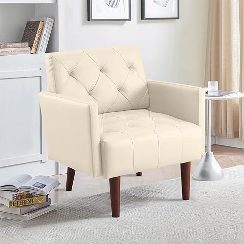 Silla decorativa de cuero, moderno de mediados de siglo, sillón de cuero sintético con respaldo alto para sala de estar, sillas con patas de madera