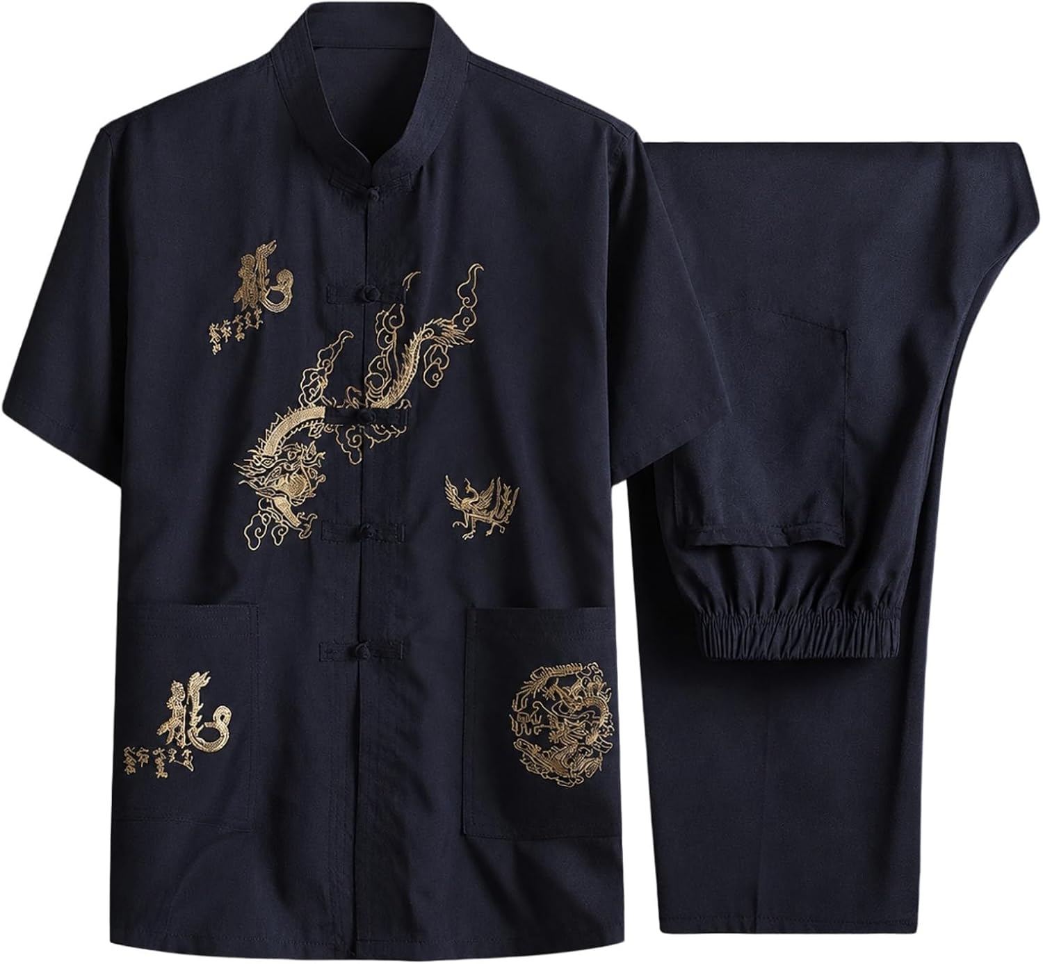 Men's Chinese Tang Suit Set Short Sleeve Embroidered Lightweight Top and Pants Casual 2 Piece Outfit