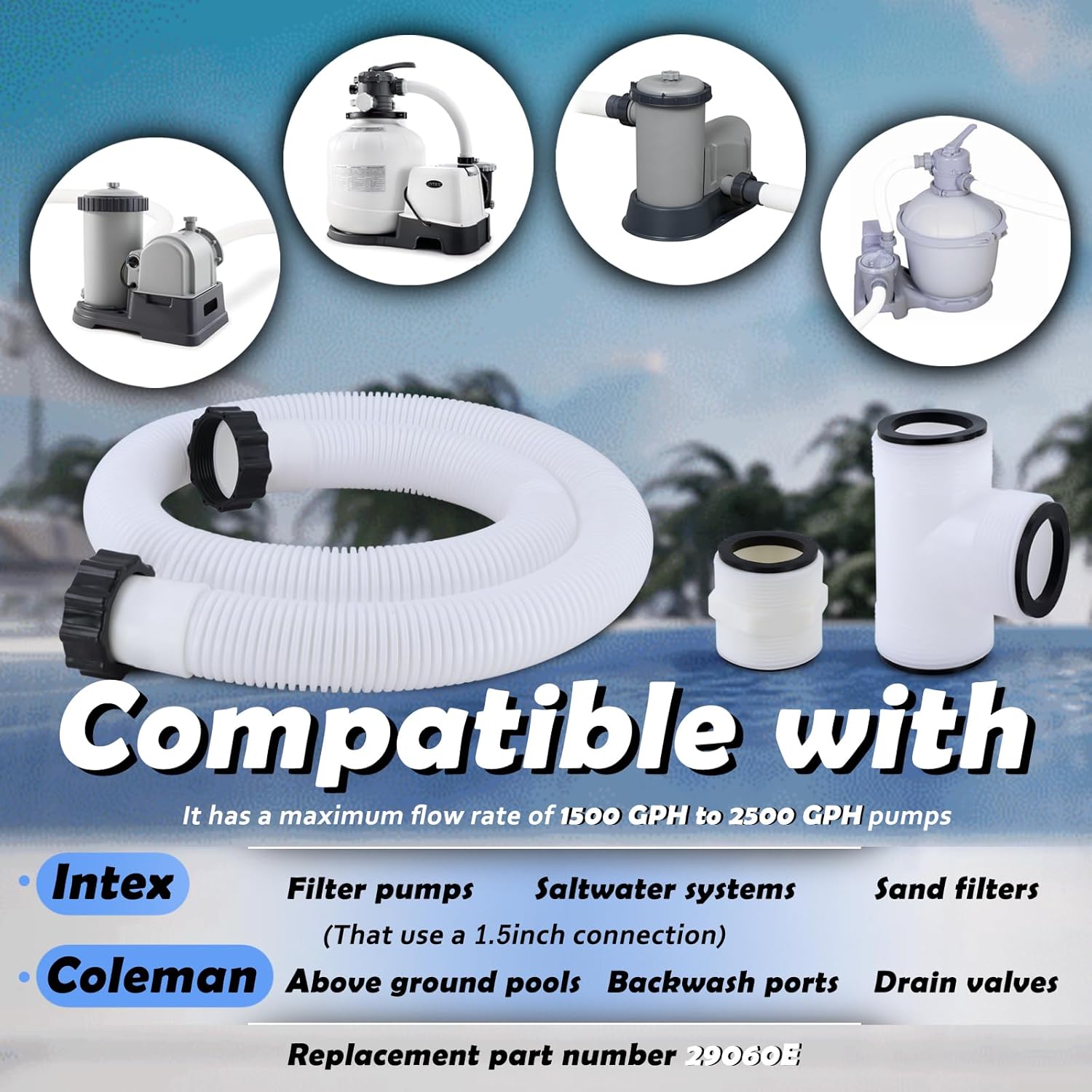 1.5" Pool Pump Hose & Adapter Connector Compatible with Intex Pump Sand Filters & Saltwater Systems, 29060E Pool Hose Fit for Coleman Above Ground Pools Parts 59" Long