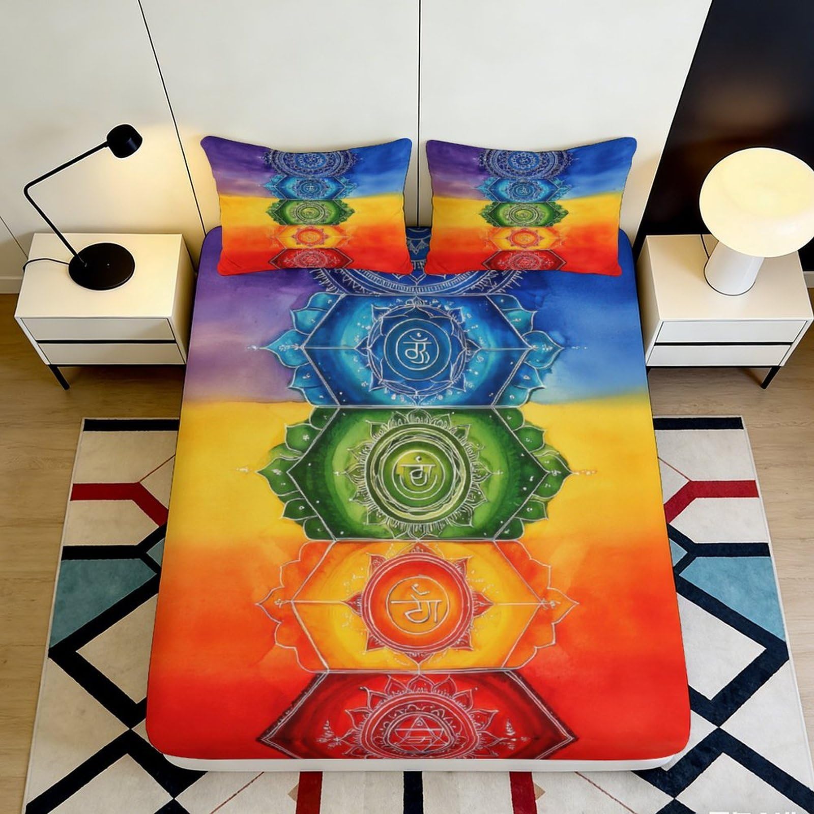 3D Printed Chakra Mandala Fitted Sheet Microfiber Soft Colourful Rainbow Mattress Cover for Bedroom Dorm Decor 90x200x25cm