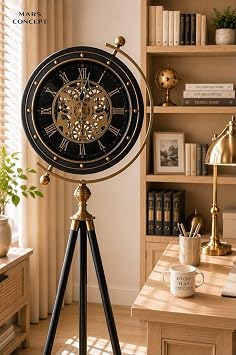 Mat Siyah Metal  arkl  Tripod Saat  Alt n Siyah Modern Salon Yer Saati, 40 x 153 cm