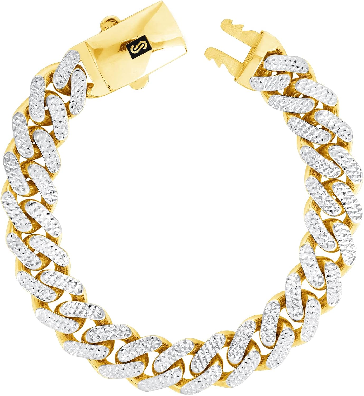 Nuragold 10k Real Yellow Gold Royal Monaco 13mm Miami Cuban Diamond Cut Pave Link Bracelet (8"-9") Two Tone Italian Jewelry for Men