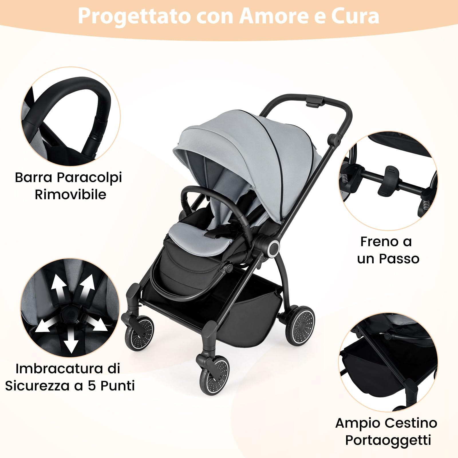 COSTWAY Passeggino per Bambini Reversibile Pieghevole con Schienale Reclinabile, 0-36 Mesi, 15 kg Grigio