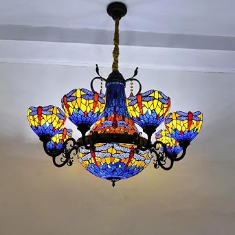 Large Dragonfly Tiffany Chandelier, Stained Glass 8 Arms Blue Green Chandelier with 16" Inverted Ceiling Pendant Lighting, 8" Crystal Shade,Pendant Lamp for Living Dining Room,Blue