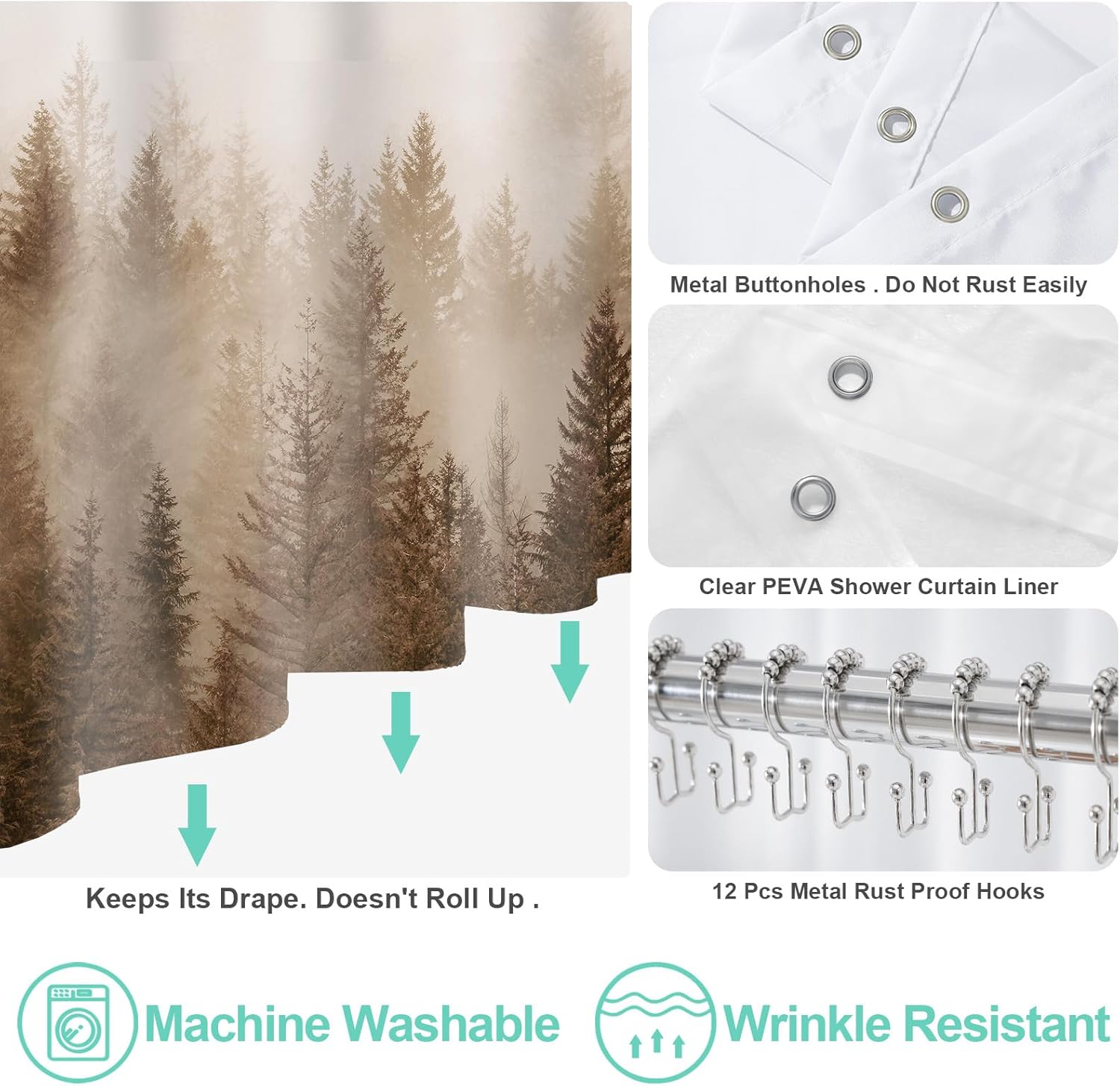 ORTIGIA 3 in 1 Waterproof Shower Curtain and Clear PEVA Liner Set with 12 Double Sided Metal Hooks, Brown Misty Forest Tree Shower Curtains for Bathroom - 72 Wx72 L