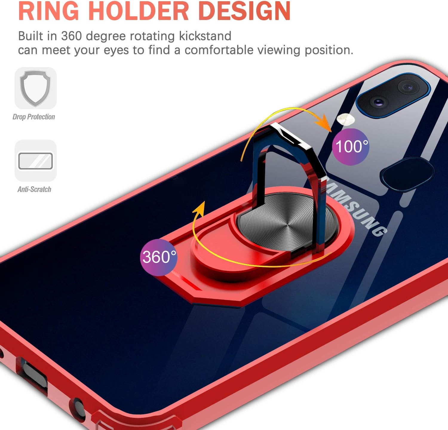 LeYi Samsung Galaxy A20/ A30 Case with [2 Pack] Tempered Glass Screen Protector, Clear Crystal Military-Grade Protective Phone Case with Ring Car Mount Kickstand for Samsung A20/ A30, Red