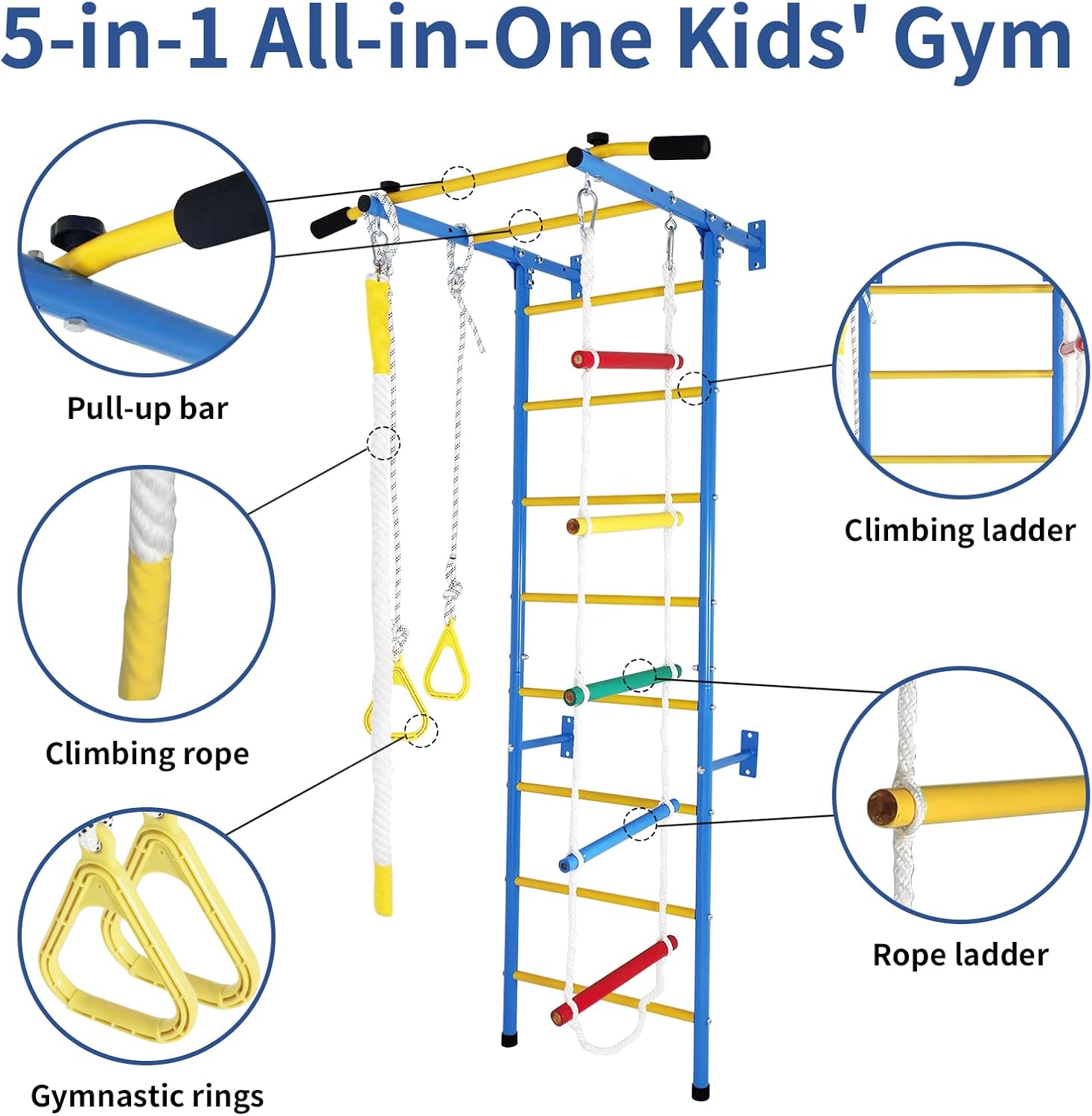 5 in 1 Metal Kids Gym for Exercise, Indoor Climbing Toys for Toddlers, Solid Wall Set with Wall Ladder, Pull-up Bar, Rope, Gymnastic Rings, Climber Ladder Boys Girls Gift (5-in-1 Wall Climbing Set)