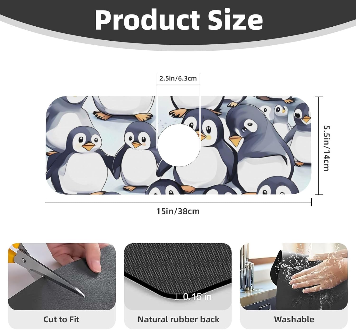 Splash Guard Mat For Kitchen Sink , Super Absorbent Fast Drying Faucet Mat Many Cute Baby Penguins Sketch Draining Mats Sink Gadgets Behind Faucet Sinkmat For Kitchen Bathroom 15"X5.5" image 2