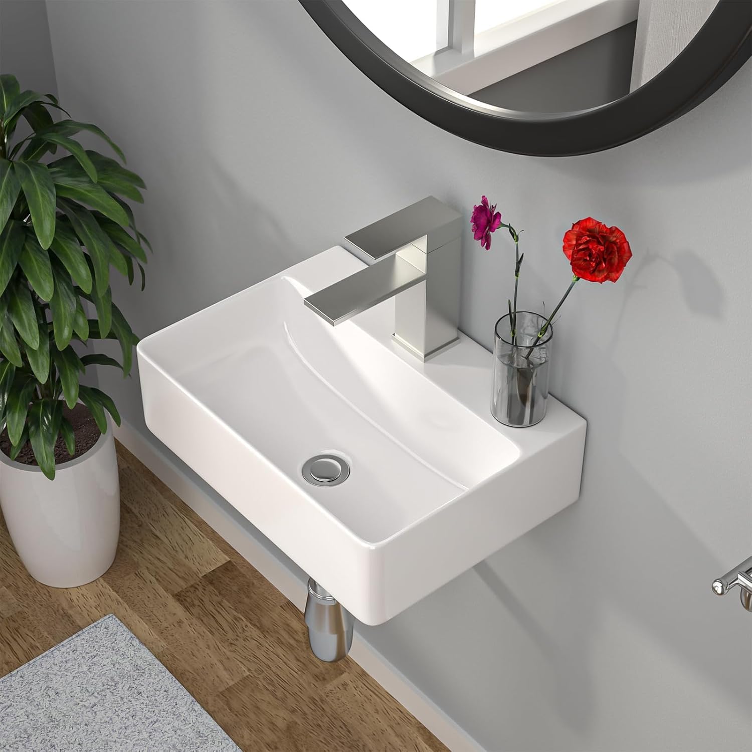 Kichae 14x10 Rectangle White Ceramic Wall Mounted Vessel Bathroom Sink - Modern Floating Vanity Sink with Faucet Hole