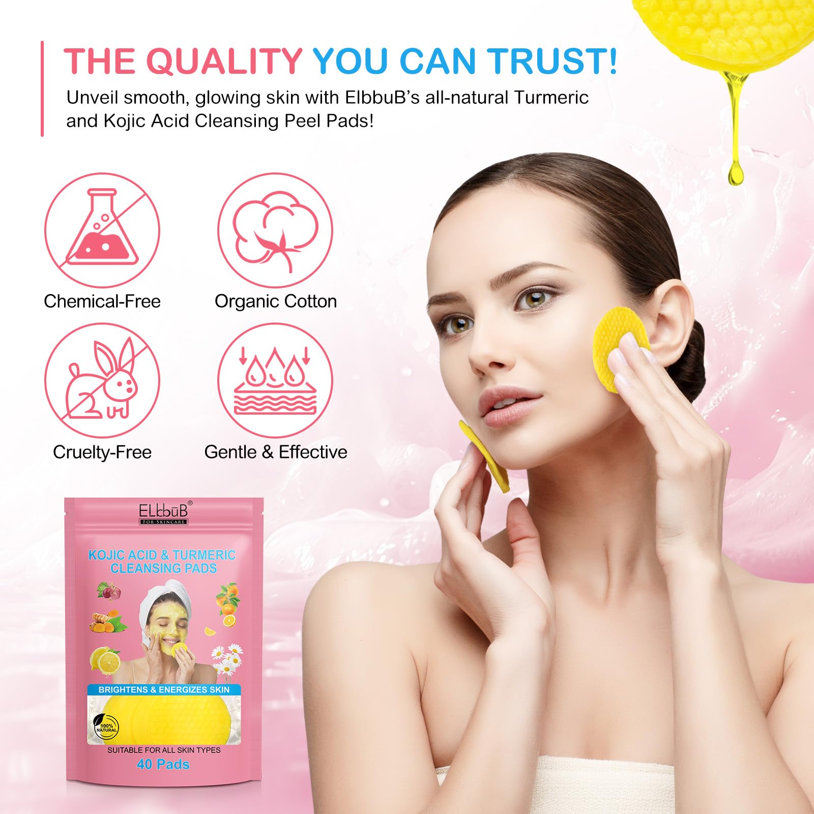 Pads Nettoyants à l'Acide Kojique et au Curcuma - Illumine et Revitalise la Peau | Nettoie en Profondeur, Élimine l'Excès de Kératine, Raffermit le Visage, Traite l'Acné et les Taches Brunes