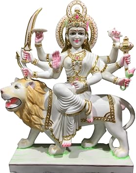 تمثال دورجا كبير 24 بوصة رخام أبيض مورتي في أوراق ذهبية جميلة مع مجوهرات حجرية Calm Maa Durga يجلس على الأسد Hindu Goddess Idol for Navratri Puja Home Temple هدايا منزلية
