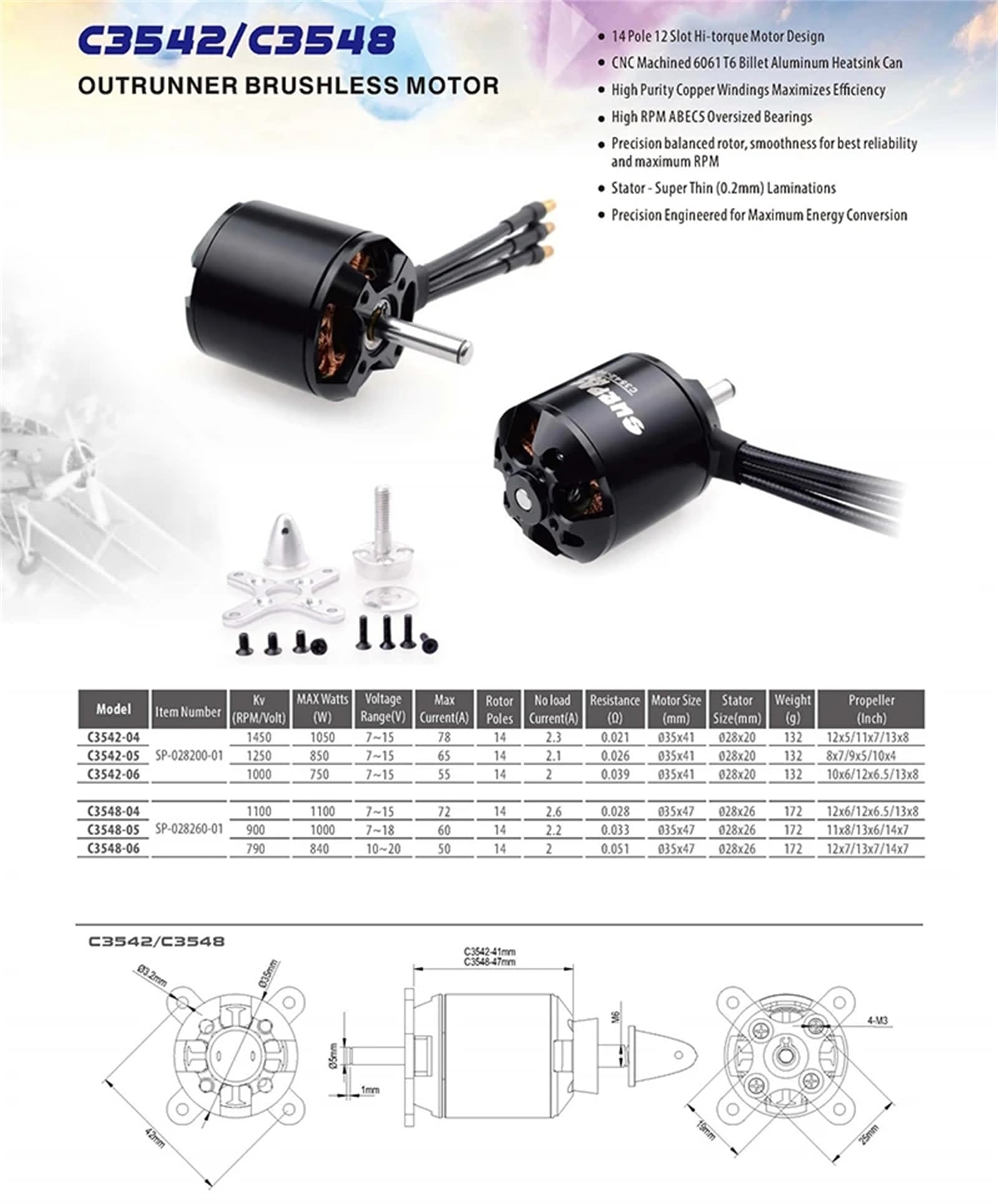 C3548 790KV Outrunner bürstenloser Motorwellendurchmesser 5 mm mit Schraubensatz für RC-Flugzeuge, feste Flügel, RC-Drohne