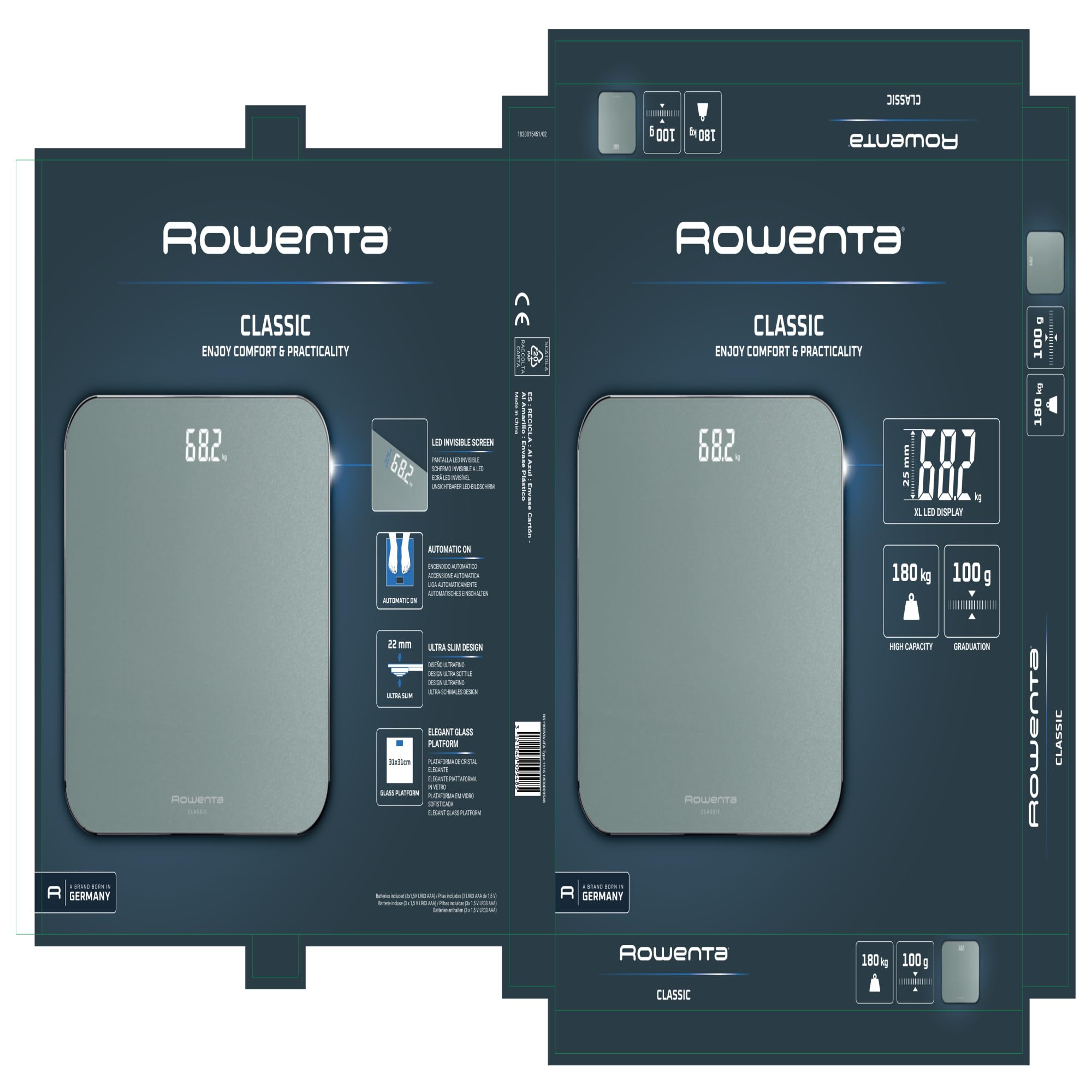Rowenta Classic 2.0, Bilancia con Schermo Invisibile LED Facile da Leggere, Capacità 180kg, Design Moderno e Funzioni Intelligenti, AutoAccensione e Spegnimento Automatico, Colore Eucalipto, BS1903V0
