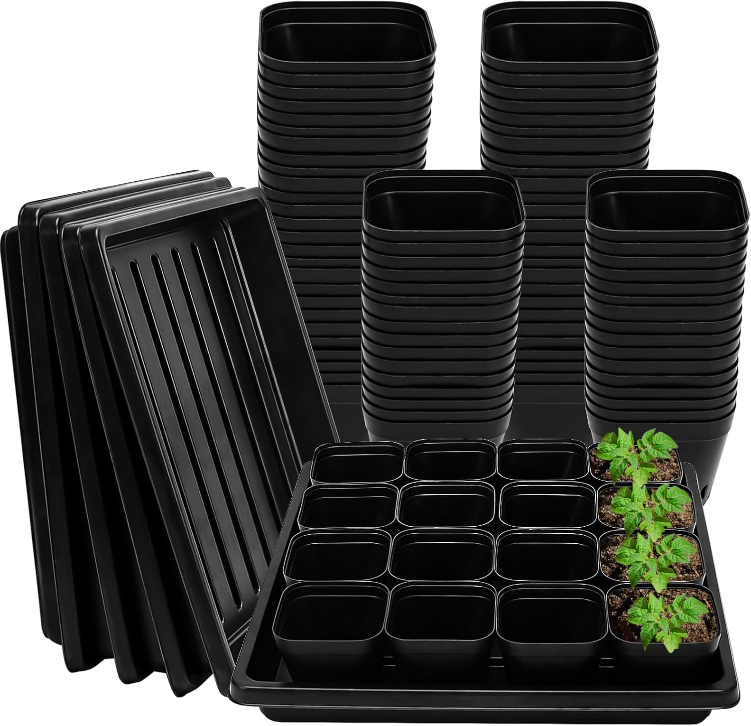 NNG 2.4 inch 100 Pcs Black Square Nursery Pots,5 Pcs Plastic Seed Starting Tray,Plant Propagation Starter Kit Square Seed Starting Pots with Drain Holes