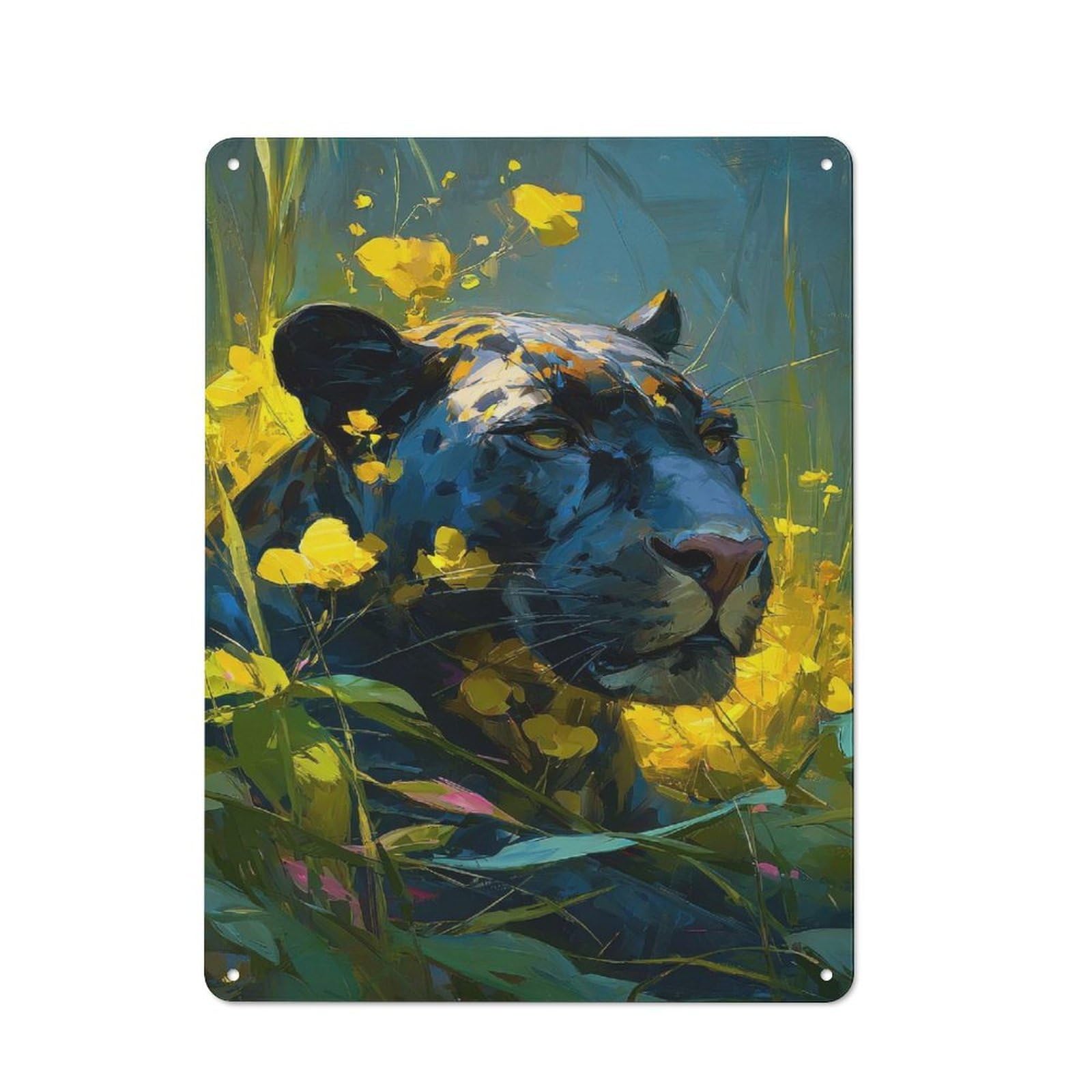 Junmoney Style-23 Metal Sign 40X30cm With Black Panther In Yellow Flowers For Workshop Wall, Vintage Decor, For Vintage Wall Decor Fans, For Metal Sign Collectors