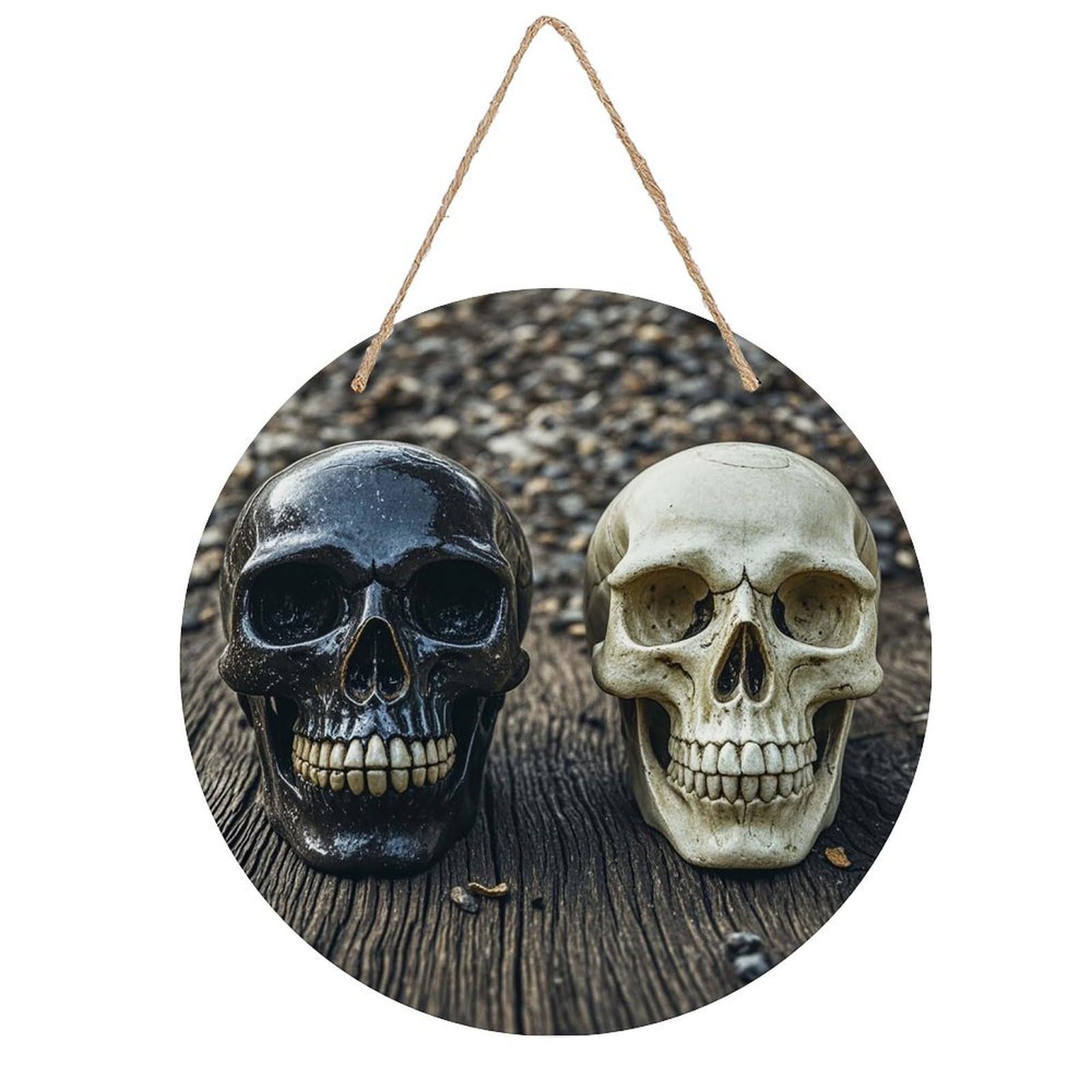 LZQPOEAS Skull on The Ground Wall Art Decor Round Wood Hanging Sign Rustic Vintage Wooden Door Hanger with Ropes Decorative Plaque Welcome Sign for Home Indoor Outdoor, 7.9x7.9 in