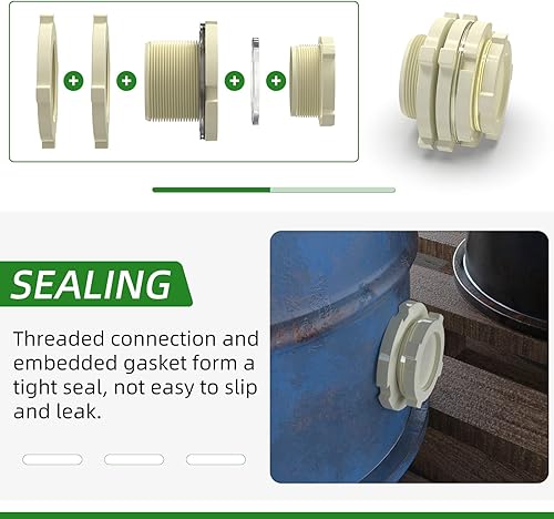 Vista 49 de TAISHER Adaptador de conector de tanque de mamparo de 1 pulgada de ABS blanco con tapones y junta para tanque de agua, barriles de lluvia, acuarios