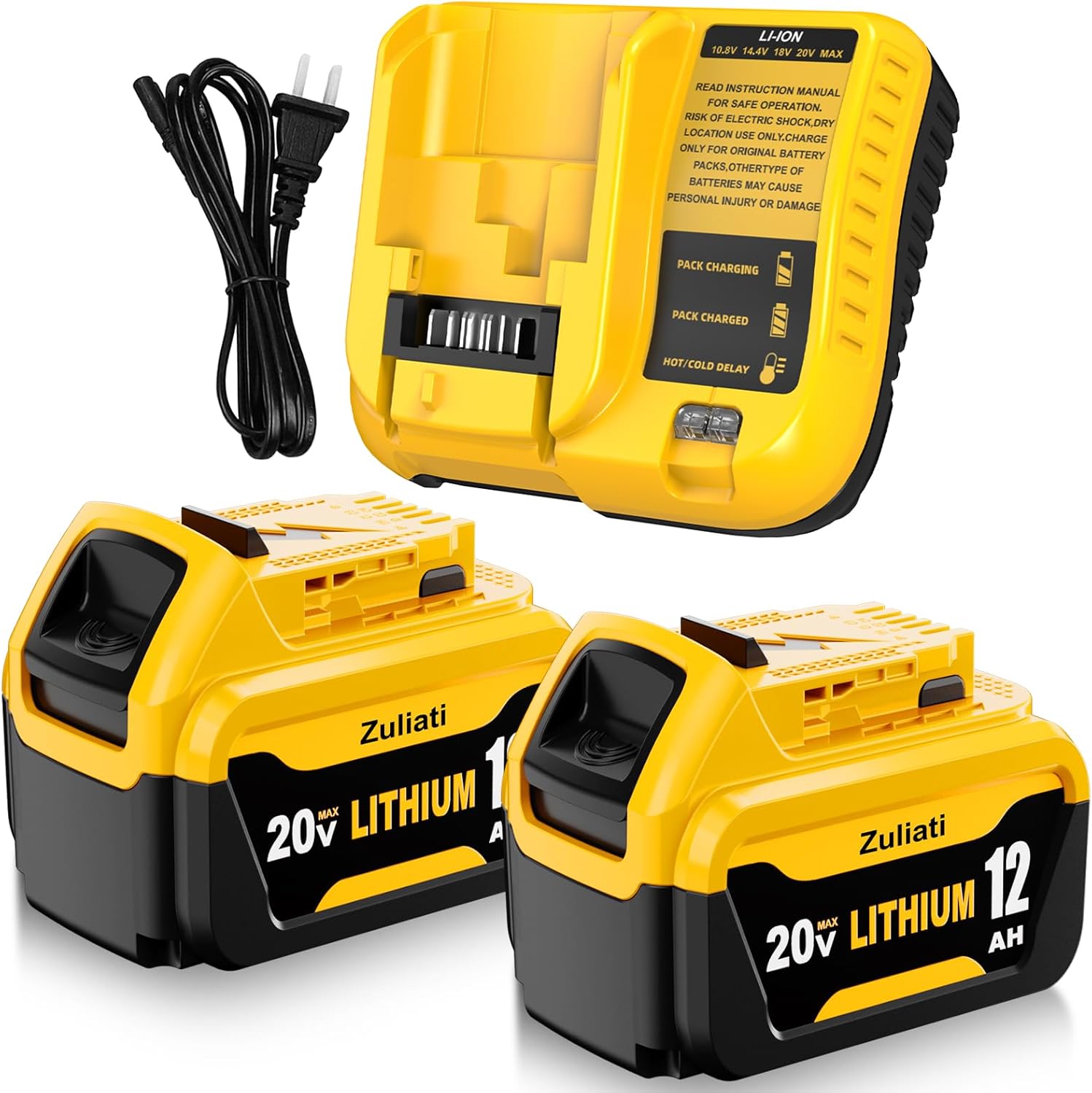 DCB206 12.0Ah Replacement for Dewalt 20V Battery and DCB107 Charger,DCB206-2 DCB203 DCB201 DCB204 Compatible with Dewalt 20 Volt Battery DCD985B Power Tools with LED Indicator(Yellow-12.0Amps-DCB107)