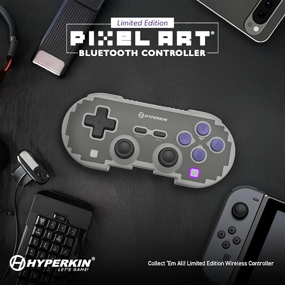 Hyperkin Pixel Art ワイヤレス コントローラー Switch/PC/スマホ対応 ホールエフェクトスティック搭載 Bluetooth 5.0/有線接続 ドリフト防止 ターボ機能 レトログレー