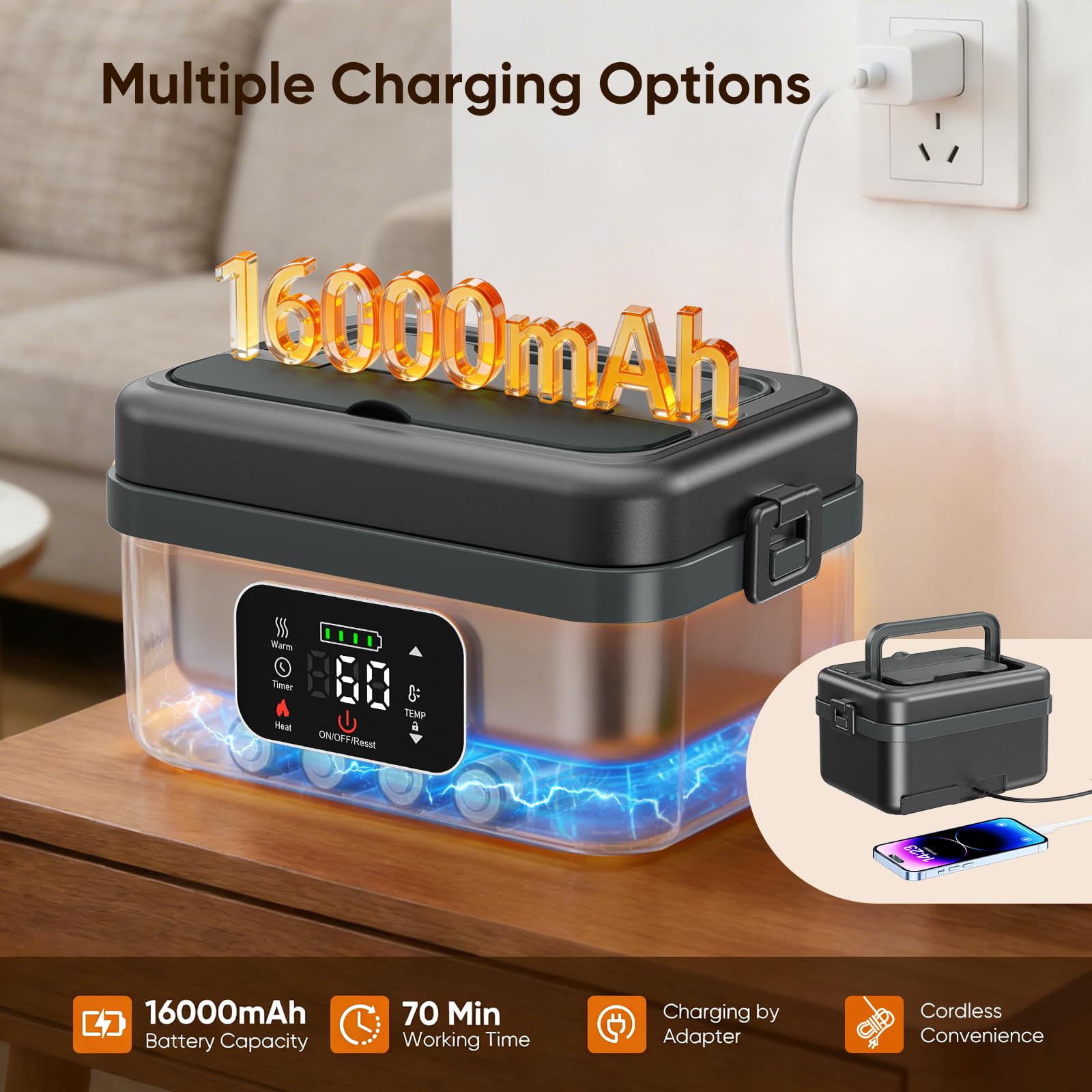 Scaldavivande Elettrico Portatile 1L con Temperatura e Tempo Regolabili, Scaldavivande a Batteria Ricaricabile con Display LED Scaldavivande Portatile con Ufficio Viaggio Esterno（nero grigio）