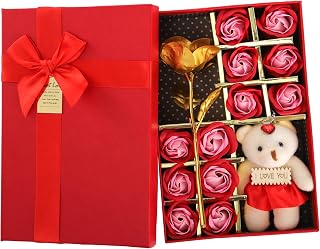 Suwimut 12 Pieces Floral Scented Bath Soap Rose Flower Petals, Plant Essential Oil Rose Soap Body Soap Set with Cute Teddy Bear in Gift Box for Her Women Mom Girls Lover Anniversary, Birthday, Valentine's Day, Mother's Day, Christmas, Red