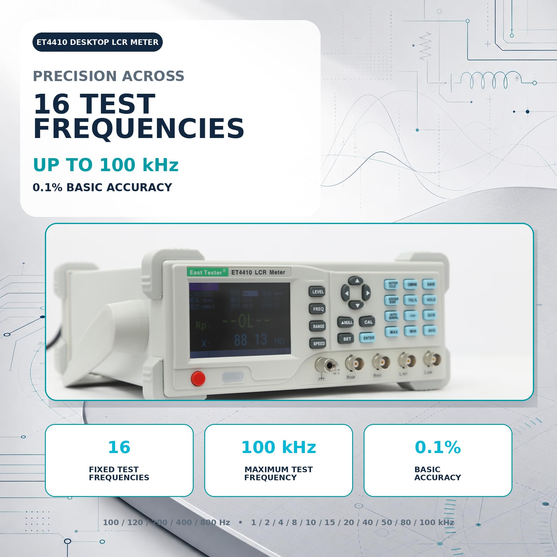 LCR-Messgerät ET4410 100kHz, Tisch-LCR-Messgerät 0,1% Genauigkeit, 16 Messfrequenzpunkte, 3,5 Zoll TFT-LCD, USB/RS232, EU-Stecker für Induktivität Kapazität Widerstand