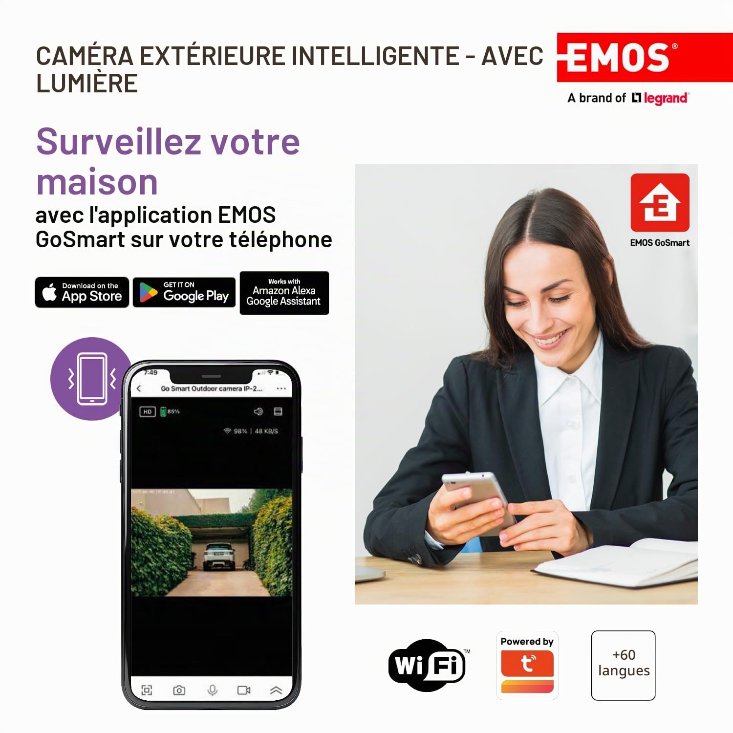 EMOS GoSmart Caméra de Surveillance d'extérieur avec WiFi et Application + Lampe LED 1200 LM Caméra IP rotative 3 MP avec lumière Compatible avec Alexa, Google Assistant, sans piège ABO, Noir