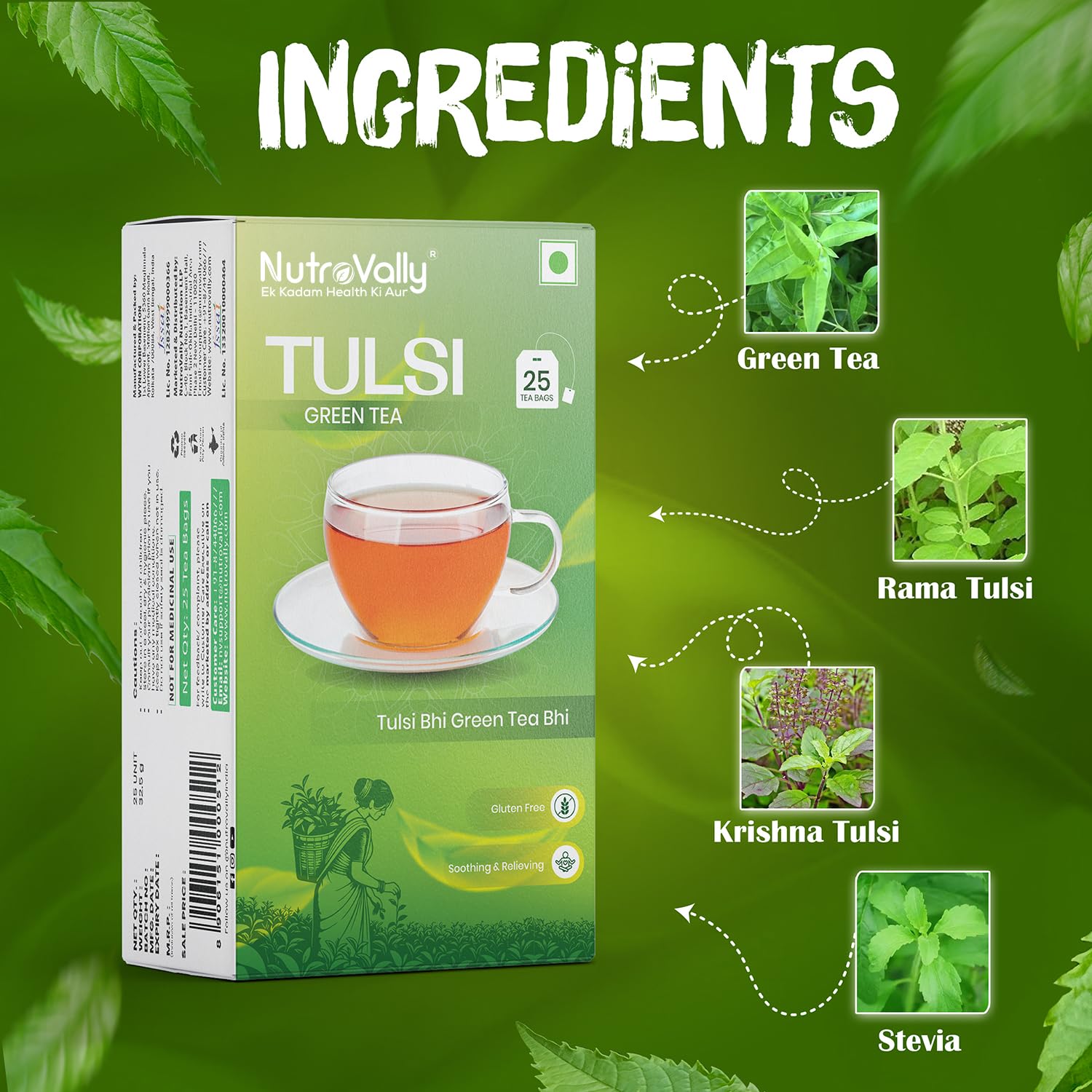 NutroVally Tulsi Green Tea Pack of 3 (75 Bags) Herbal Green Tea with Holy Basil Leaves Rich in Antioxidants Supports Detox, Digestion, Metabolism & Wellness Caffeine Light Travel-Friendly — Amazon image 7
