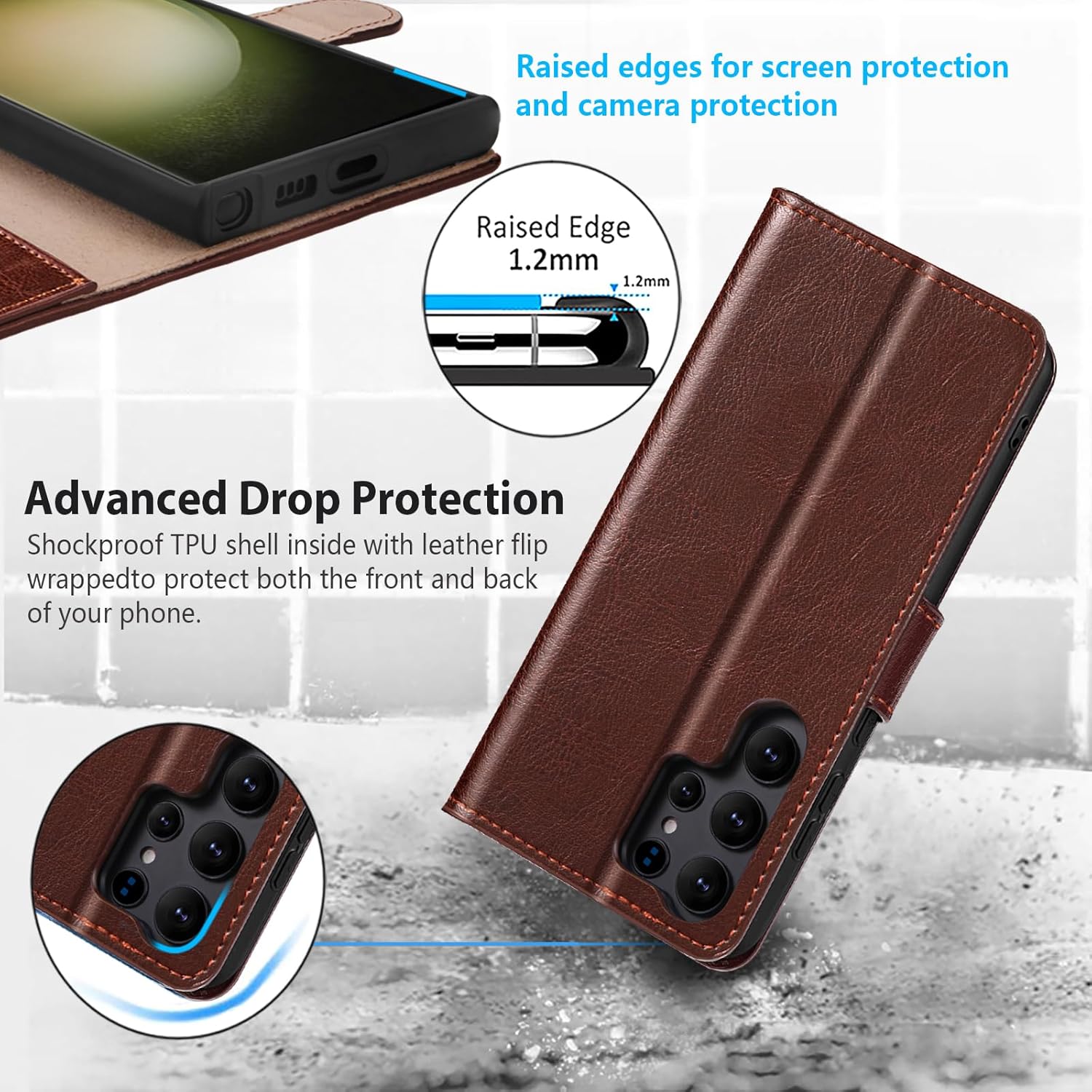 Belemay Wallet Case for Samsung Galaxy S25 Ultra, Two-Tone Genuine Leather [Durable & Protective] RFID Blocking Card Holders, Shockproof TPU Shell, Kickstand, Drop Protection Flip Cover 6.8", Brown - Image 7