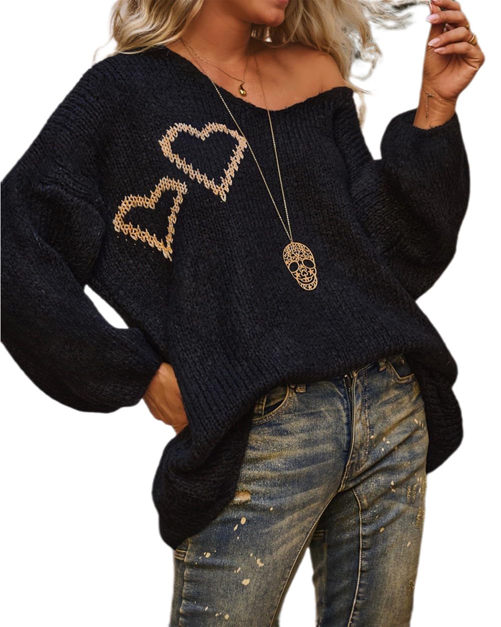 Womens Green Oversized V Neck Sweaters with Heart Print Casual Loose Long Bell Sleeve Knit Pullover Tops Fall