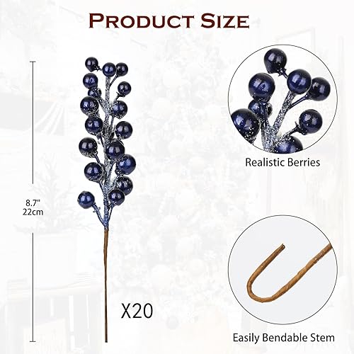 Miniatura 7 de 20 púas de bayas artificiales de Navidad, 8.7 pulgadas, tallos de bayas sintéticas en aerosol con paillette de purpurina para manualidades, corona,