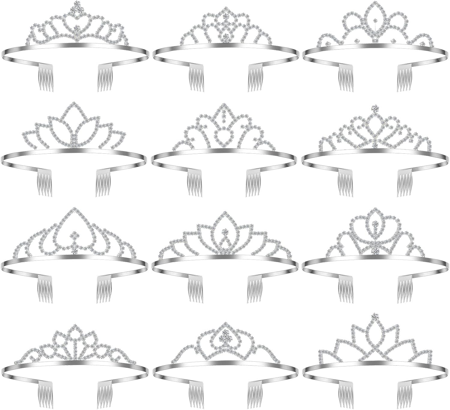 Remuuly 12 Pcs Princess Tiara for Women Silver Queen Tiara Rhinestone Hair Accessories, Princess Headbands Bulk for Bridal Wedding Birthday Prom Christmas Party, with Comb