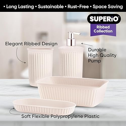Miniatura 2 de Superio Ribbed Collection - Juego de accesorios de baño de plástico decorativos ecológicos (juego de 4) jabonera, dispensador de líquidos, taza para