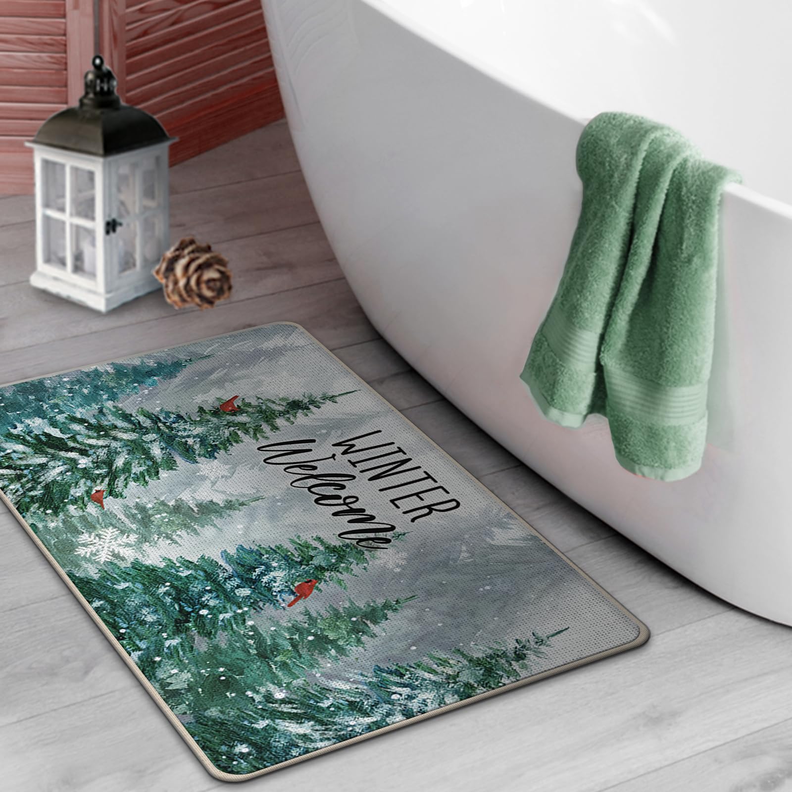 Dekorative Fußmatte für den Eingangsbereich, Bauernhaus, Kiefernbaum, Kardinalrot, für drinnen und draußen, rutschfest, für den Eingangsbereich, Schneeflocke, Wald, Weihnachten, Zuhause, Küche
