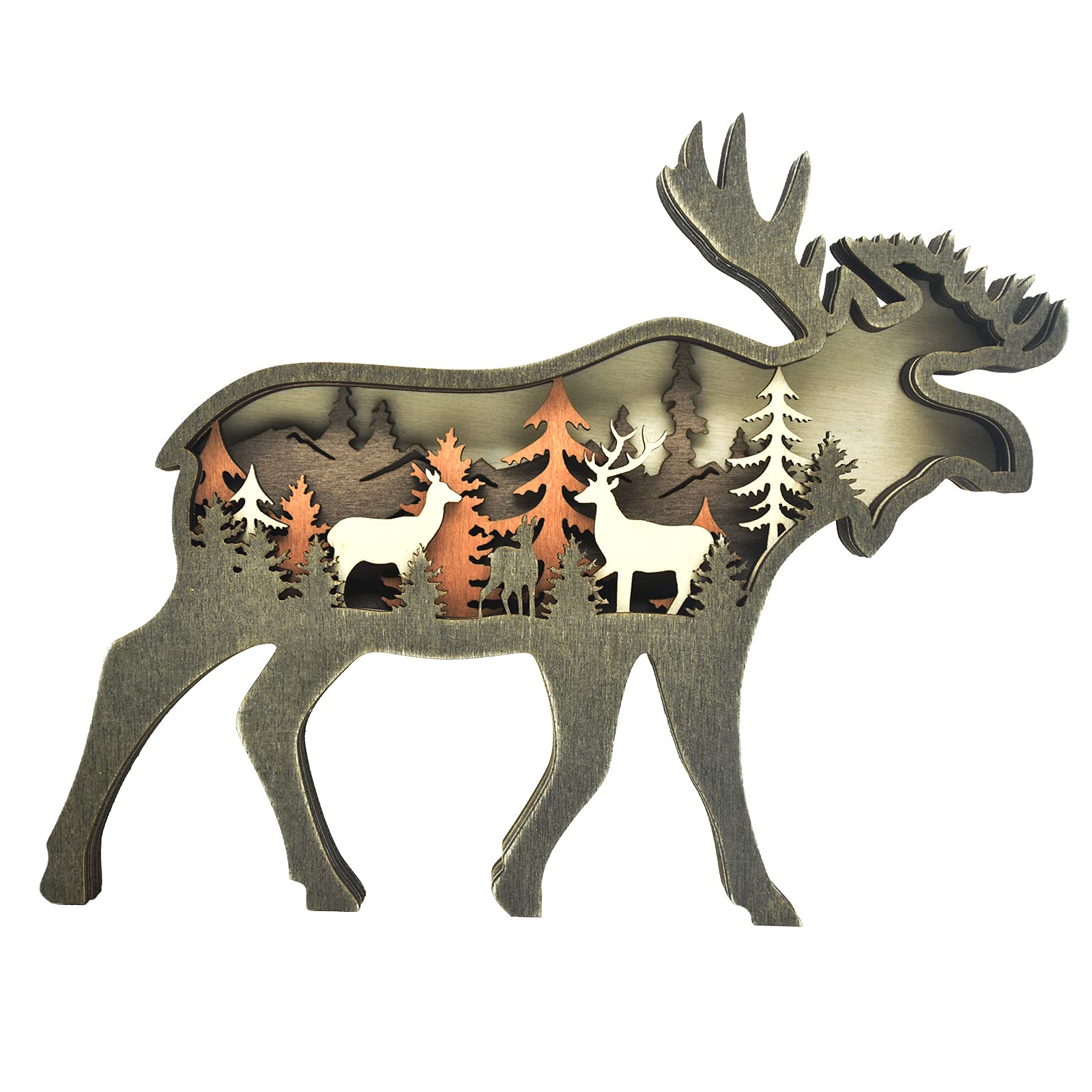 Miyolo Wooden Deer Art Rustic Home Decor North American Forest Animals Elk Carved Crafts Multi-Layer Creative Wapiti Silhouette Figurine Wall Table Shelf Desktop Decorations