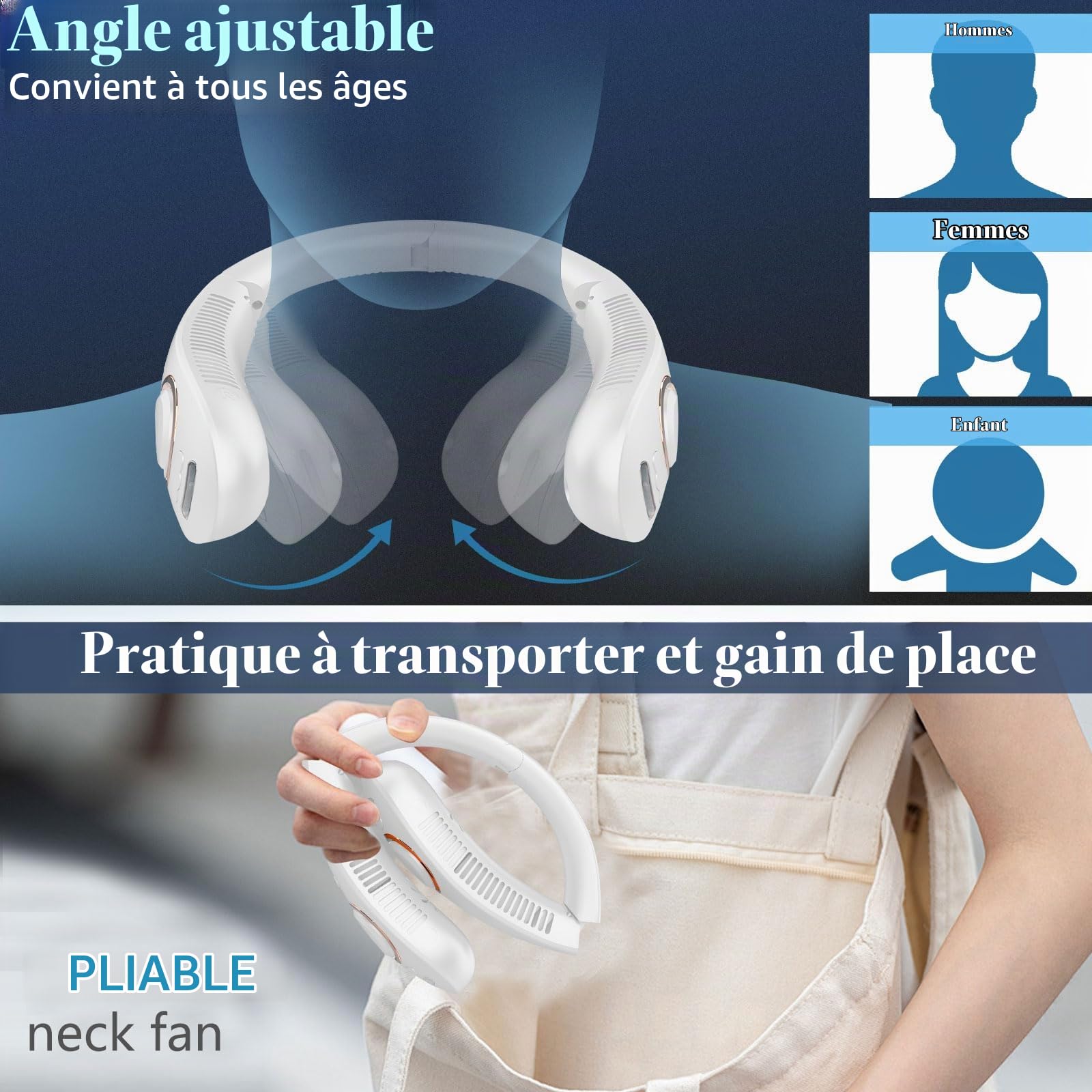 Ventilateur de cou avec brumisateur à spray soufflant de l'air froid, pliable, 4000 mAh, portable, rechargeable par USB, à batterie, avec brumisateur, sans pale, pour voyager