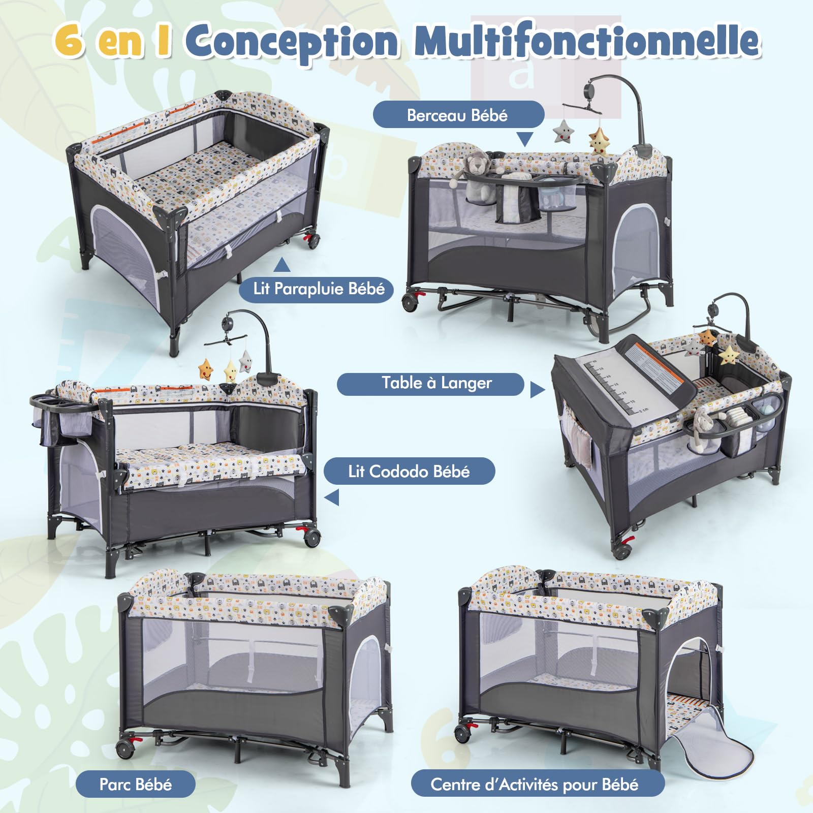 COSTWAY 5 en 1 Lit Parapluie Bébé avec Matelas & Table à Langer, Lit Bébé Évolutif avec 5 Hauteur Réglables, Musique et Jouets Suspendus, Mode Bascule, Charge 15kg pour Bébé de 0-3 Ans