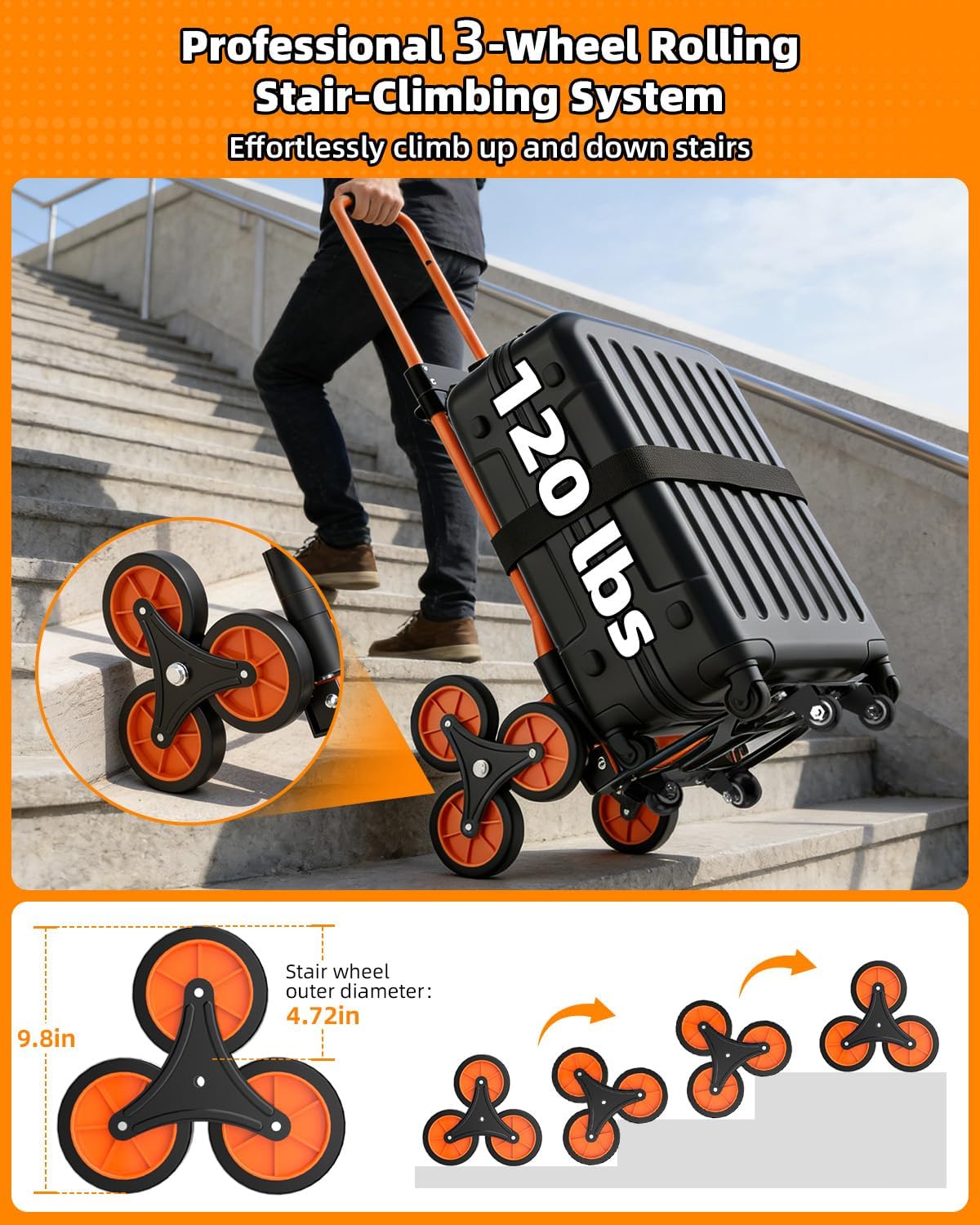 Folding Stair Climbing Dolly, 220Lbs Capacity, Portable Dolly Cart with 10 Wheels and Telescoping Handle, Lightweight Hand Truck Cart for Flat Ground & Stairs, School, Dormitory, Home, Office, Food