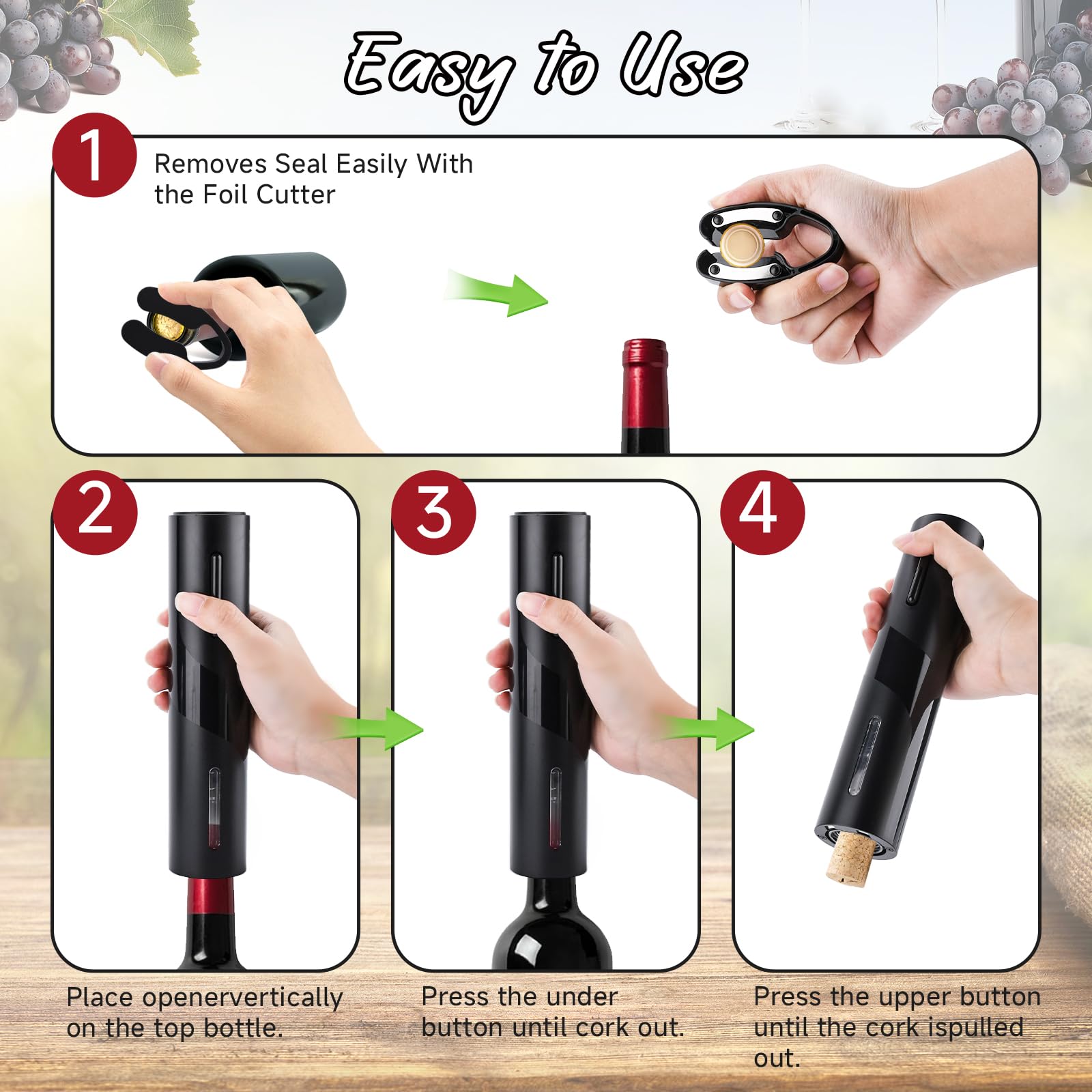 UCAMP 7 in 1 Sacacorchos Eléctrico Abridor de Vino Regalos Originales para Hombre con Abrebotellas, Cortador de Láminas, Tapones de Vacío, Boquilla Vertedora, Tapas de Sellado, Base de Carga y USB