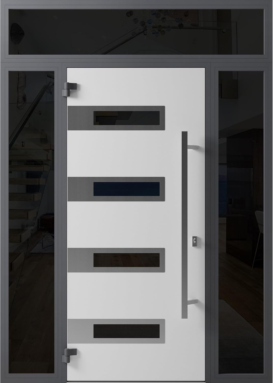 Front Exterior Prehung Steel Door/Ronex 0131 Black Enamel / 2 Side and Top Exterior Window Sidelite/Stainless Inserts Entry Metal Modern Painted W12+36+12" x H80+16" Right Hand Inswing