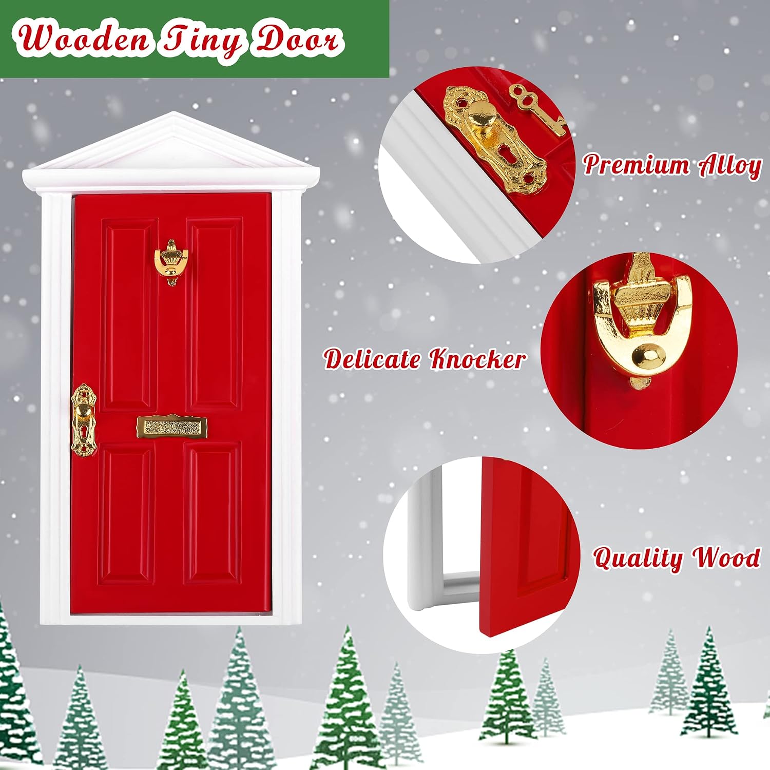 Elcoho 17-Piece Christmas Elf Wooden Miniature Fairy Door Set with Accessories - Red Mini Door, Outdoor Christmas Decor for Kids Gift & Party DIY Craft image 3