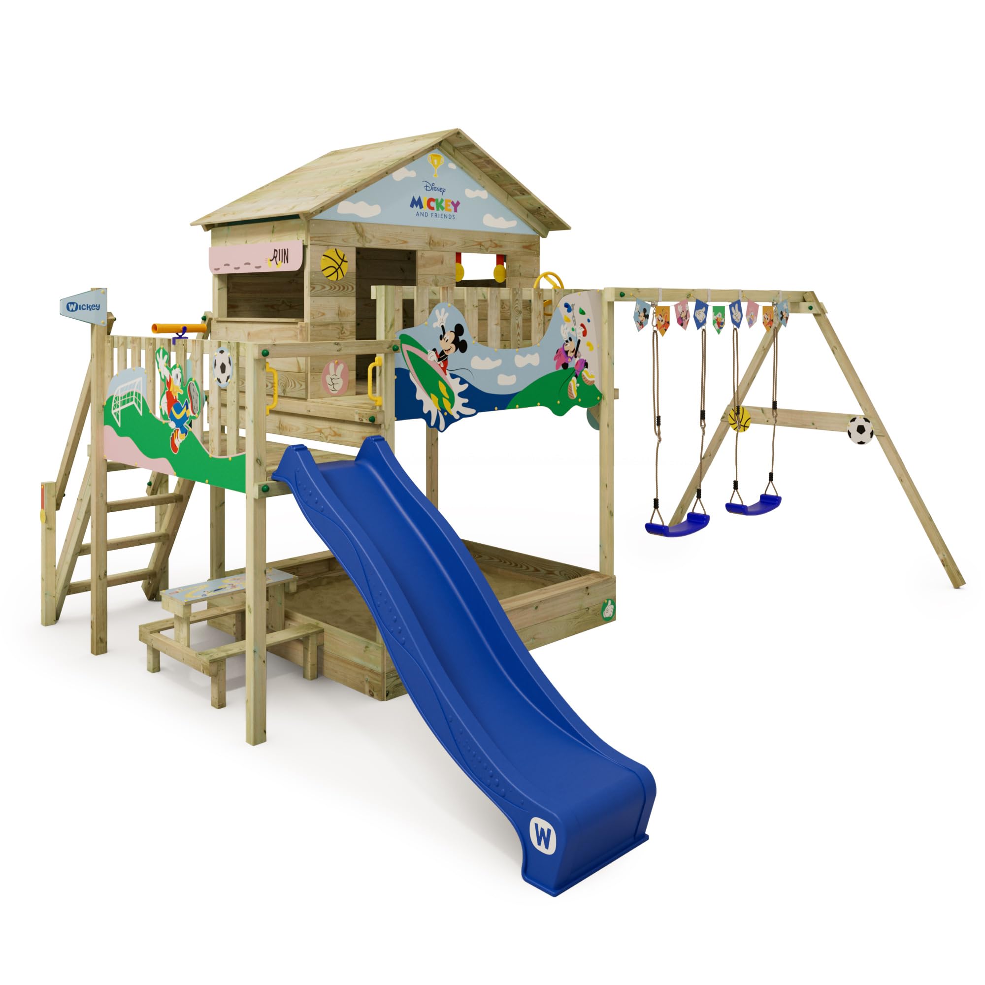 Disney's Mickey and Friends Quest play tower by Wickey - climbing frame, climbing tower, garden play equipment for children - outdoor wooden garden playground with sandpit