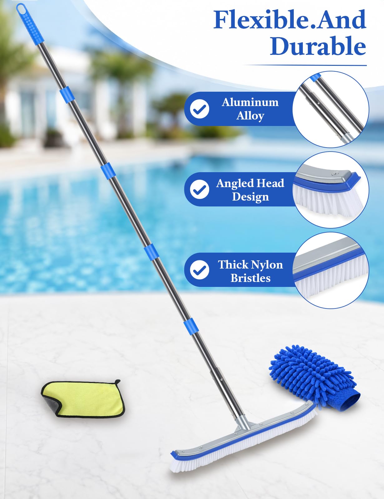 Brosse de piscine avec manche de 218,4 cm de long, brosse de nettoyage incurvée de 43,2 cm de large avec manche en acier inoxydable à 5 sections, gant de nettoyage et chiffon, accessoires de nettoyage
